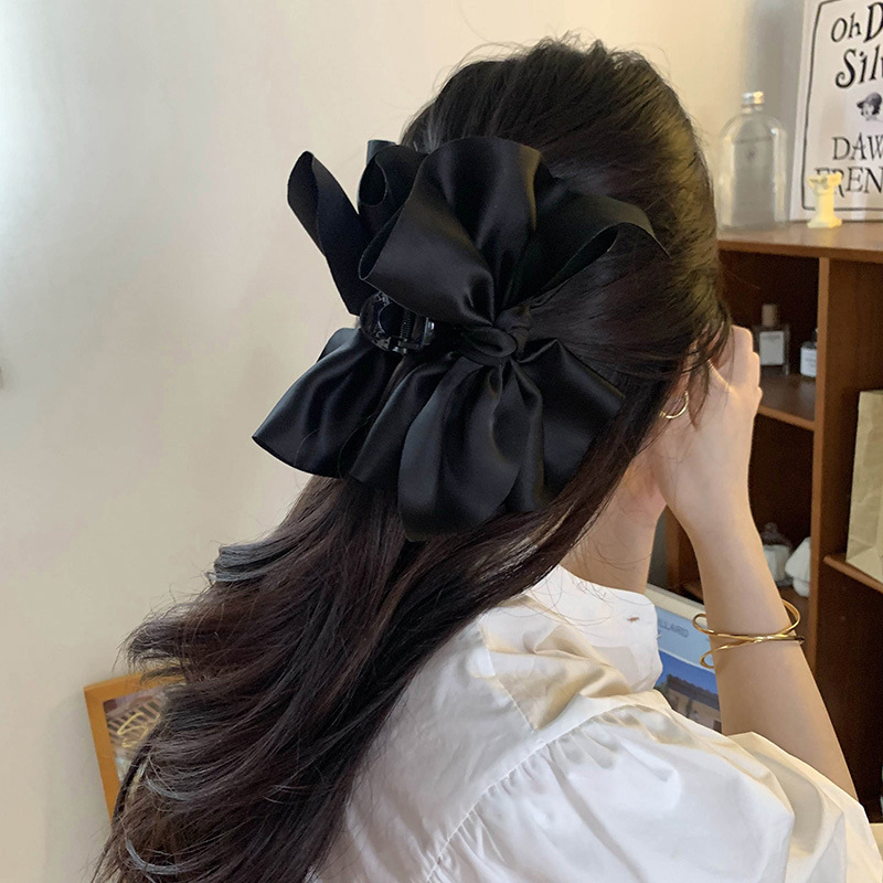 JEDAI PITA SATIN HITAM BOWKNOT BESAR IRREGULAR JEPIT RAMBUT JEPITAN KOREA BLACK BIG SILK BOW HAIR CLAW