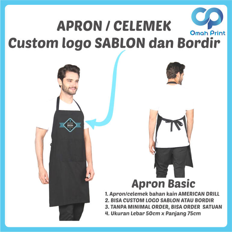 CELEMEK/APRON CUSTOM SATUAN, BORDIR DAN SABLON