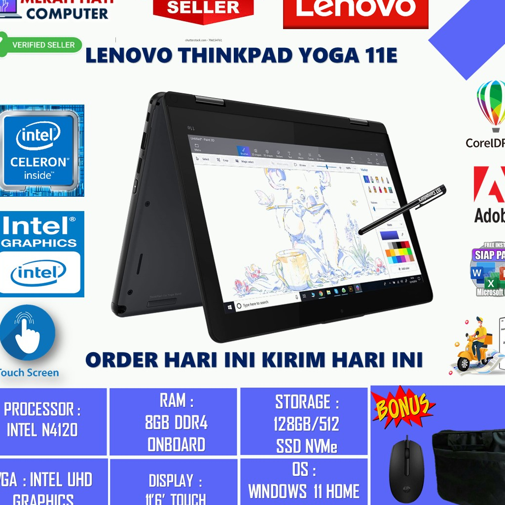 Laptop 2in1 Murah Lenovo Yoga 11e Intel N4120 RAM 8GB SSD 512GB Touch Stylus W11 Home Original Terlaris