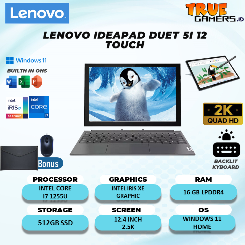 Lenovo Ideapad duet 5I 2IN1 TOUCH I7 1255U 16GB 512SSD IRISXE W11+OHS 12.4 2.5K 100DCIP3  PEN