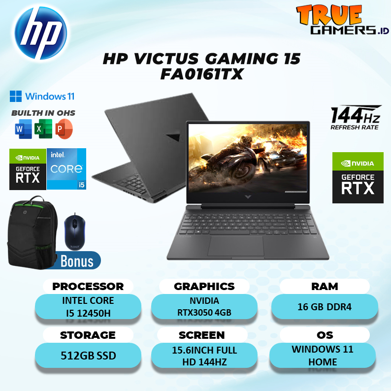 Laptop Hp Victus Gaming 15 FA0161TX RTX3050 4GB I5 12450H 16GB 512SSD W11+OHS 15.6FHD IPS 144HZ