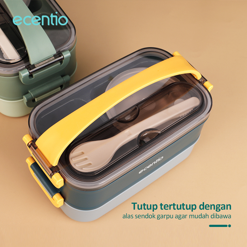 ecentio lunch box 2 susun stainless 304  anti tumpah tempat makan kotak 1200ml+180ml  with Mangkuk sup free sendok