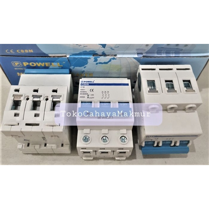 MCB Stut 3P 3Phase Powell 16A,20A,25A,32A,40A,50A,63A SNI ORIGINAL