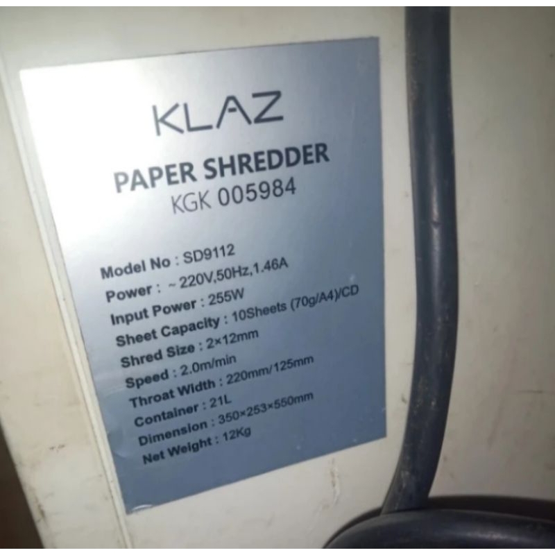 MOTOR 220V , KLAZ PAPER SHREDDER KGK 005948- MODEL NO :SD9112