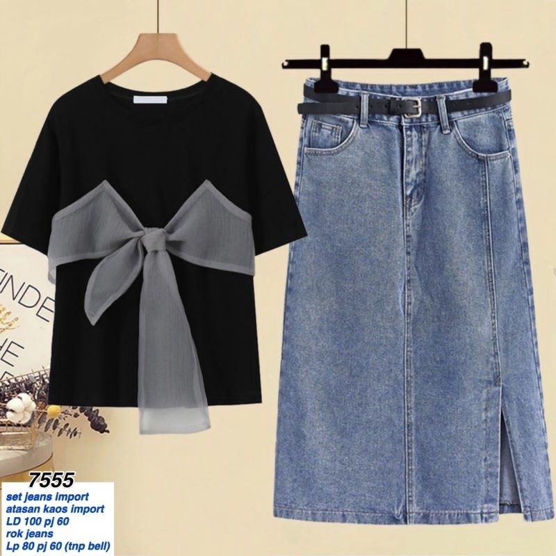 set rok jeans pita tile 7555(premium)  bahan kaos kombi jeans fit to XL+rok jeans