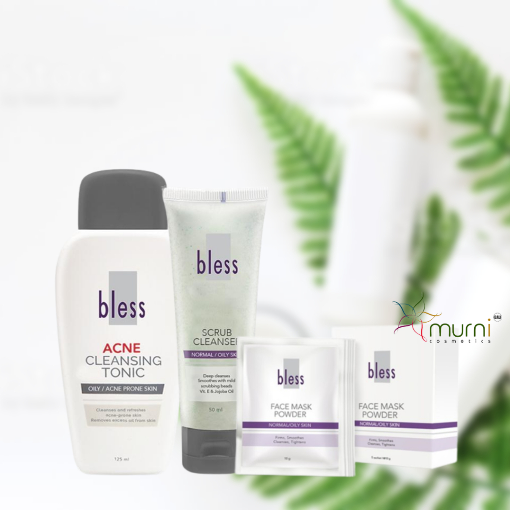 BLESS ACNE CLEANSING TONIC 125G  , SCRUB  CLEANSER 50ML, FACE MASK POWDER 5 SACHET 10G