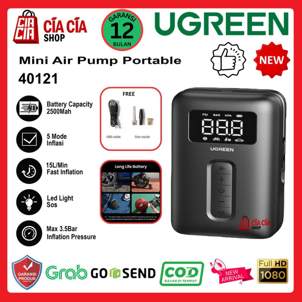 UGREEN Car Air Pump Electric Portable Pompa Ban Mobil Motor Sepeda Bola Portable Tire Inflator Pompa Angin Ban Motor Mobil