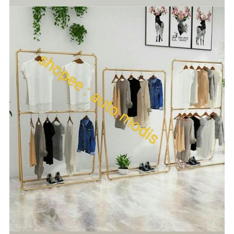 GAWANG BAJU 2 TINGKAT 1 BARIS TIANG PALANG GANTUNGAN PAJANGAN SHOWCASE ETALASE DISPLAY MANEKIN TOKO 
