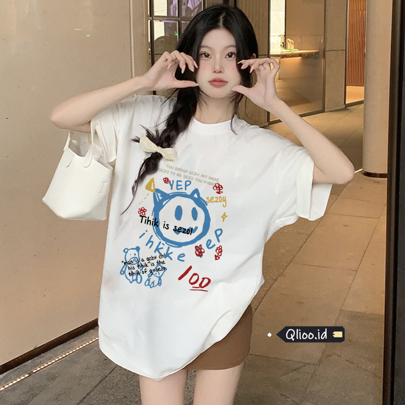 Print T-shirt Kaos Lengan Pendek Cartoon Blue Little Devil Baju Wanita Oversize Korean Style