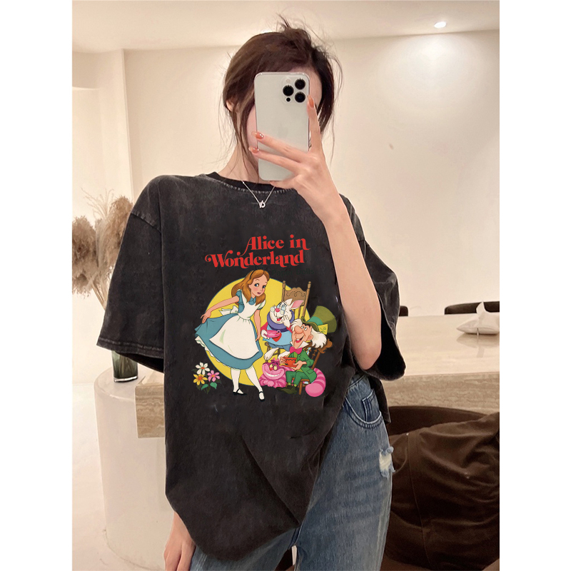 Vintage T-shirt Hitam Washed Alice In Wonderland Oversize Kaos Lengan Pendek Baju Wanita Korean Style