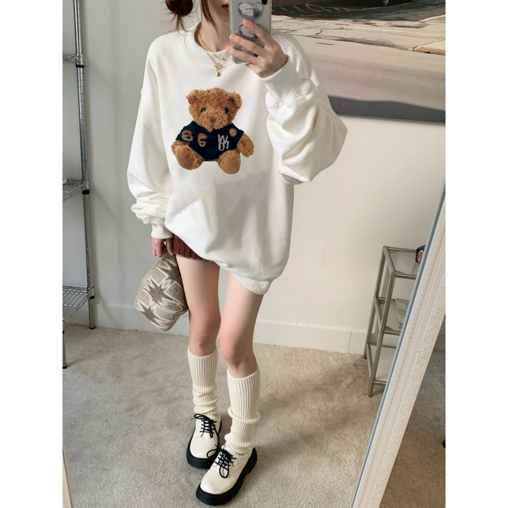 EUNII Sweater Lengan Panjang Cartoon Plush Bear Toy Painting Korean Style/Hoodie Oversize/Baju Wanita/Switer Wanita