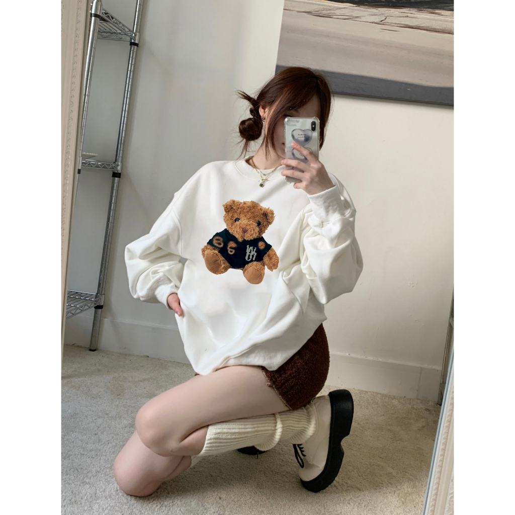 EUNII Sweater Lengan Panjang Cartoon Plush Bear Toy Painting Korean Style/Hoodie Oversize/Baju Wanita/Switer Wanita