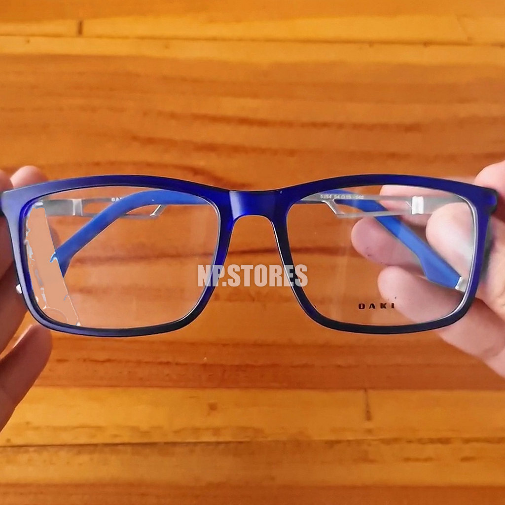 Frame Kacamata Warna Biru Petak Gagang SIlver Untuk Pria Cowok Desain Model Keren Stylish Terbaru Up