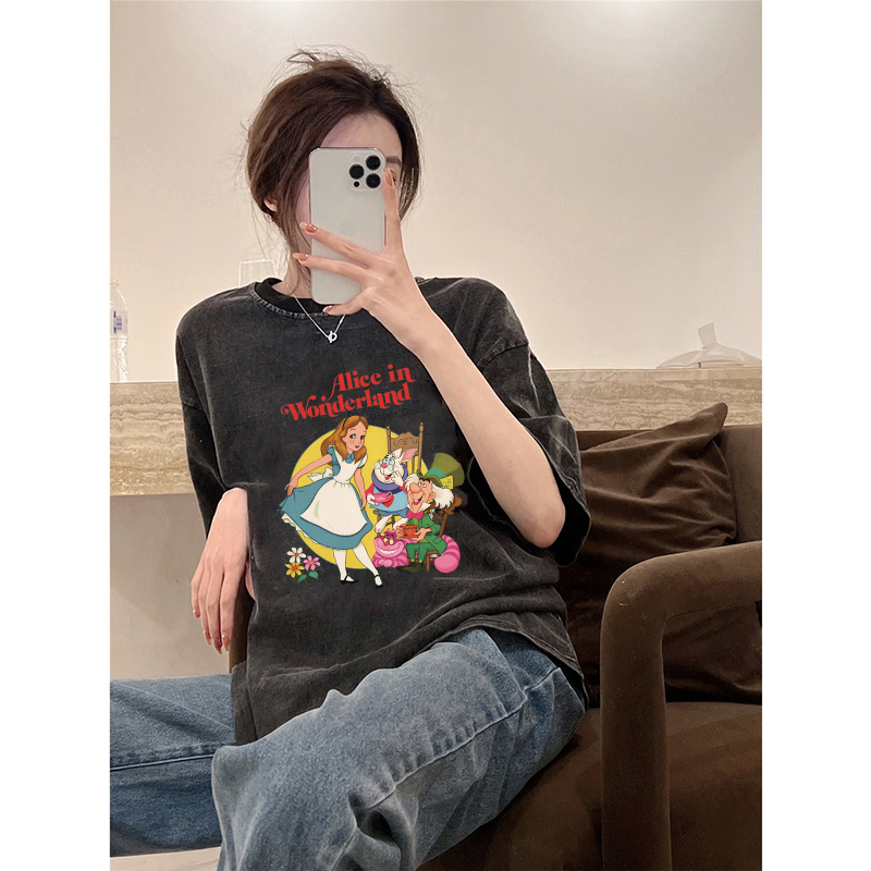 Vintage T-shirt Hitam Washed Alice In Wonderland Oversize Kaos Lengan Pendek Baju Wanita Korean Style