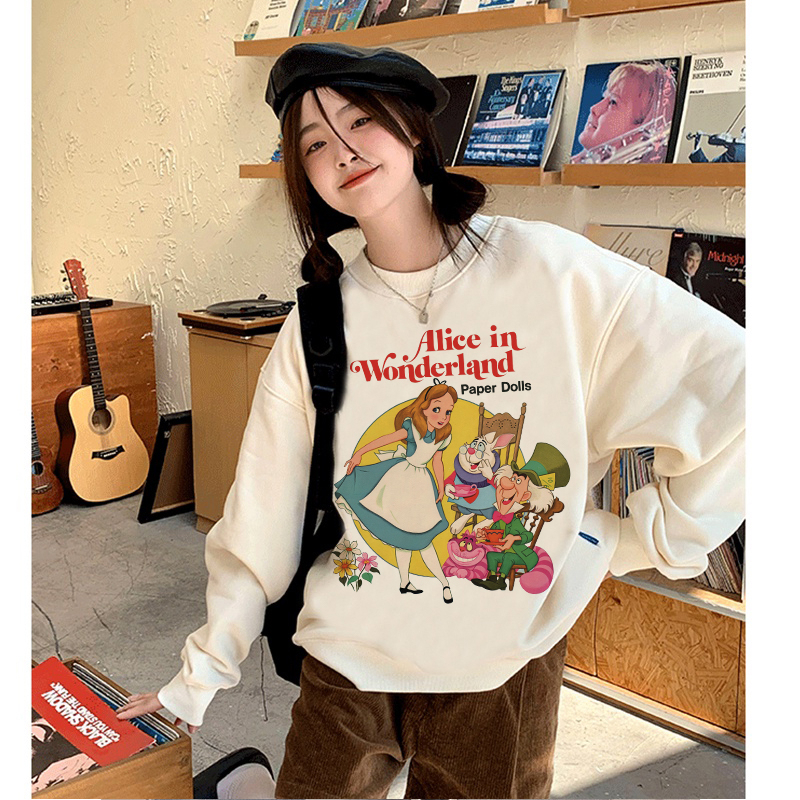 Sweater Oversize Cartoon Alice In Wonderland / Sweater Hitam