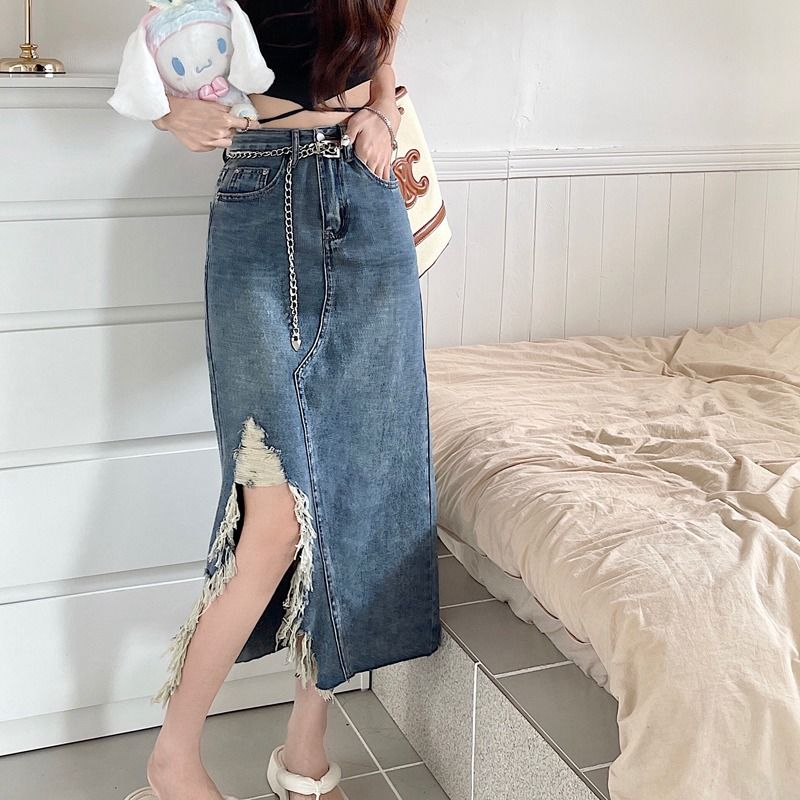 Rok Denim Wanita Model A Panjang Sedang Terbaru Dengan Pinggang Tinggi Dan Hem Tidak Rata