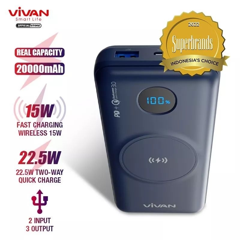 VIVAN VPB-W20 POWERBANK POWER BANK 20000MAH 22.5W 2 INPUT 3 OUTPUT 5W QUICK CHARGE FAST CHARGING WIRELESS TANPA KABEL REAL CAPACITY 20000 MAH ORIGINAL 100% NEW GARANSI RESMI ORI ASLI