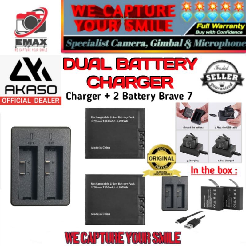 AKASO Brave 7 Dual Charger + 2 Battery Kit Actioncam 4K Wifi EIS Camera Baterai Akaso Brave7 4K Kame