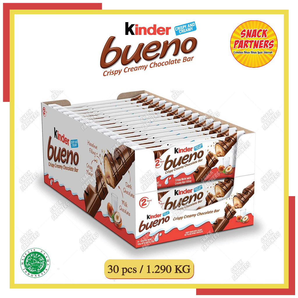 

KINDER BUENO Milk Chocolate and Hazelnut Cream Candy Bar / BOX - 30 PCS / 43 GR - Wafer Lapis Coklat Isi Krim Susu Lumer dan Kacang Hazel - Ferrero Ferero Fererro