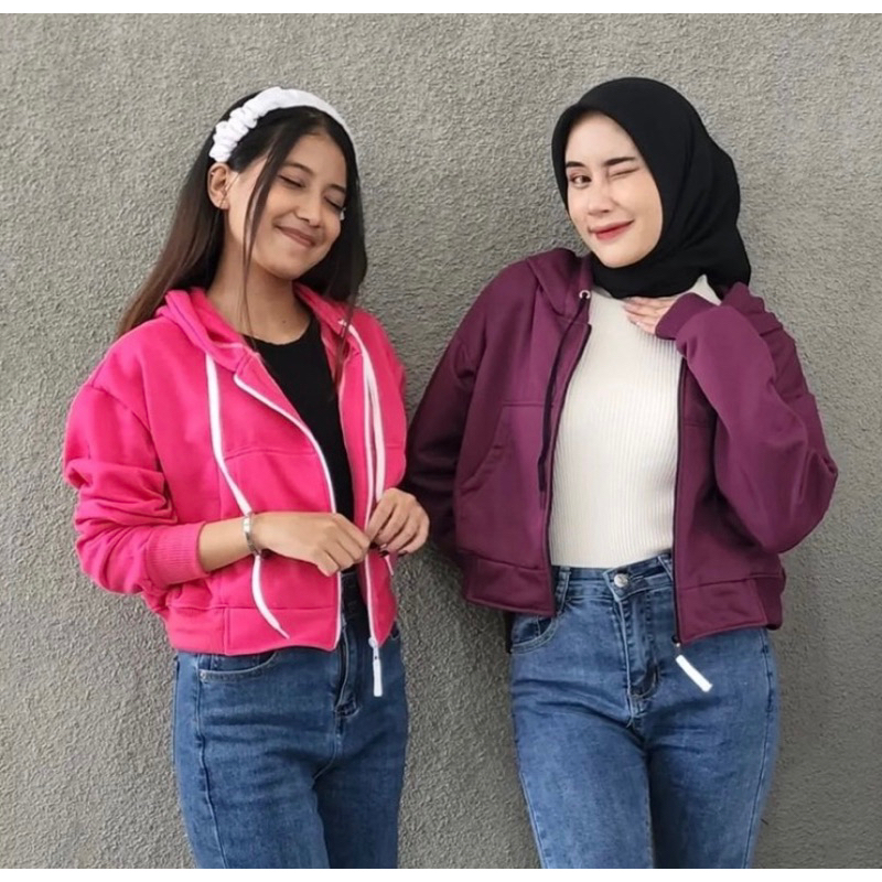 JAKET CROOPE HOODIE ZIPPER OVERSIZE - SWEATER OMERA CROPE WANITA
