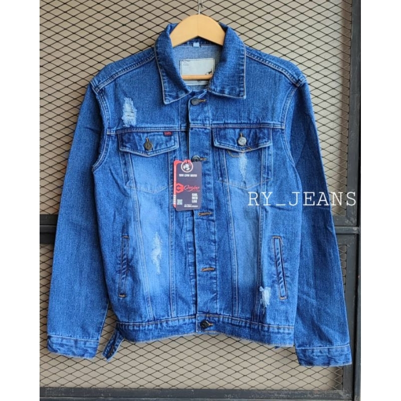 Jaket pria jaket jeans sobek pria jeans cmje darkblue