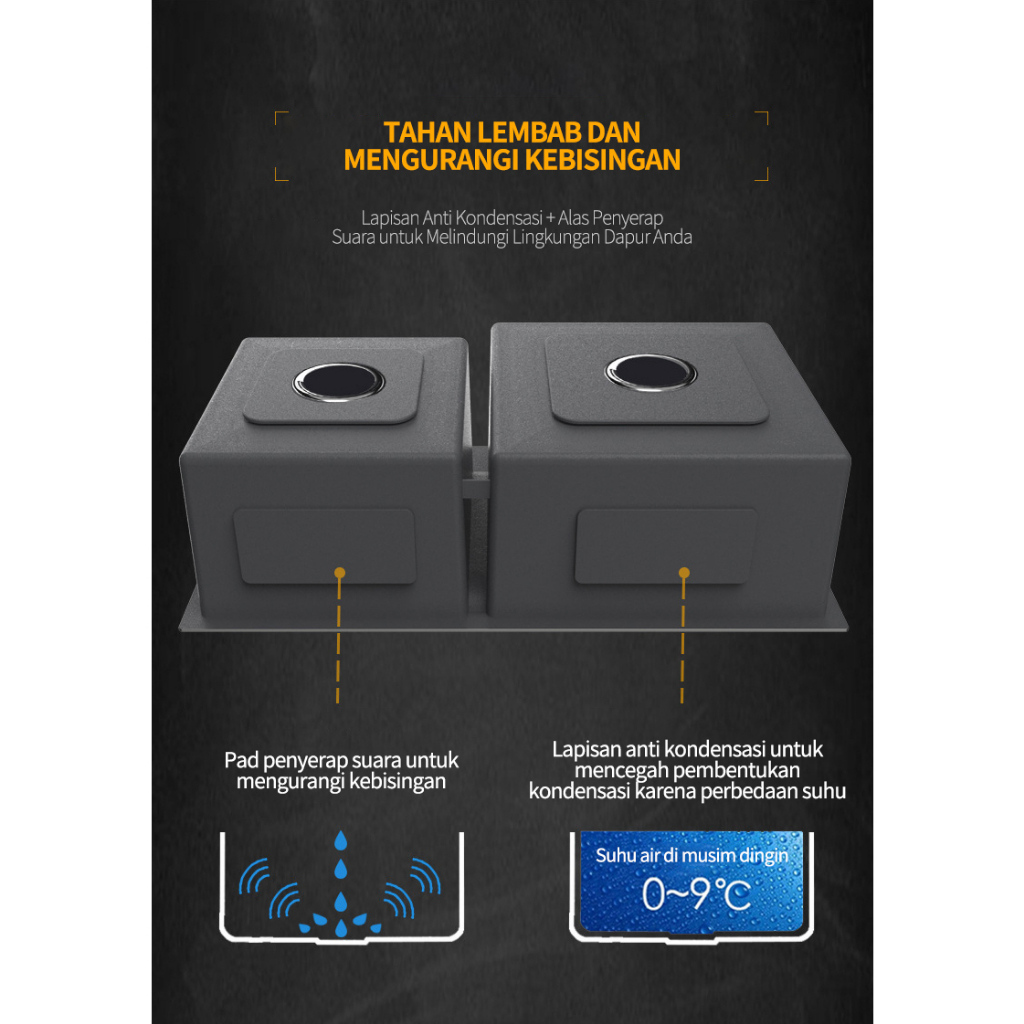 Wastafel Cuci Piring Bahan Stainless Steel 304 / Kitchen Sink Hitam 7843 / Wastafel Dengan Keran yang Bisa Disesuaikan