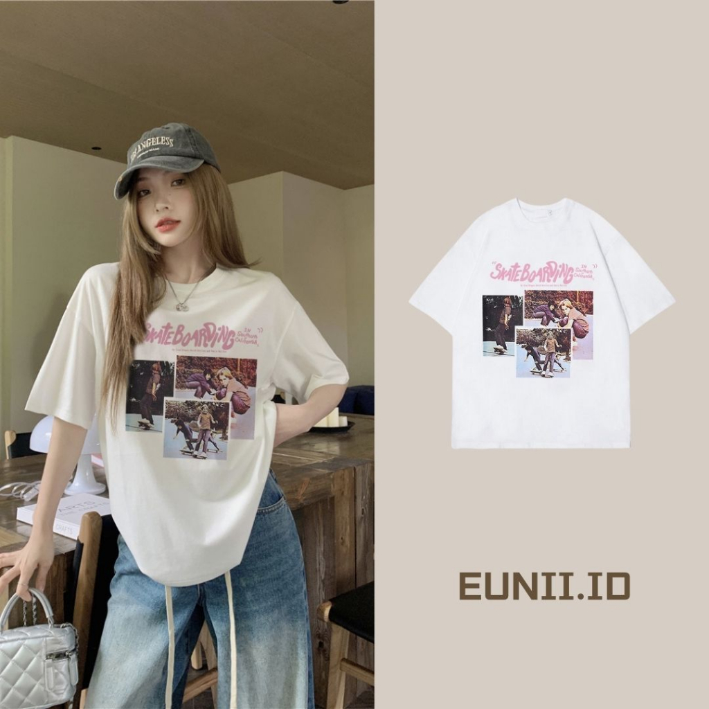 EUNII T-shirt Lengan Pendek Retro Record Player Printing Korean Style/Kaos Atasan Wanita/Baju Wanita/Kaos Wanita