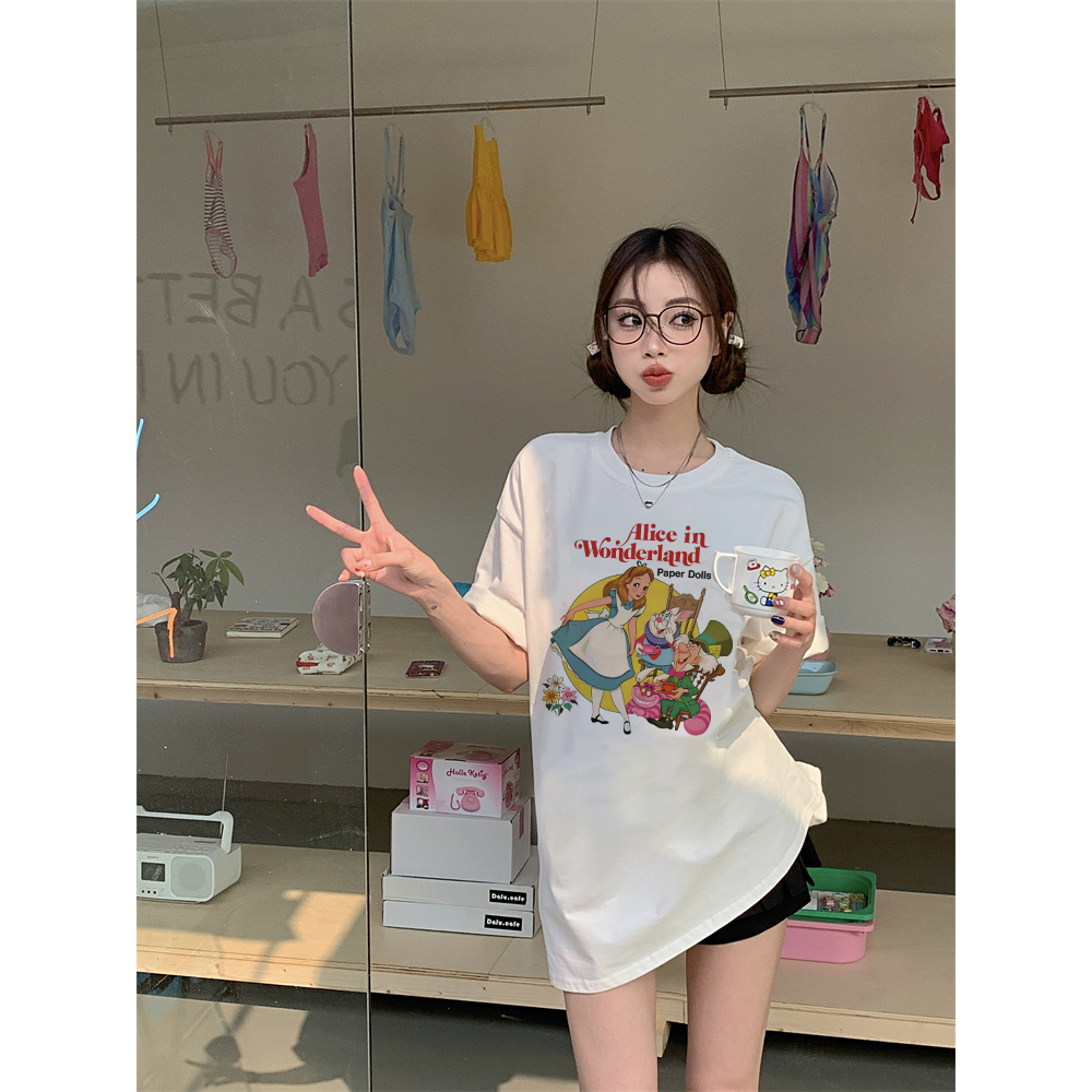 EUNII T-shirt Lengan Pendek Cartoon Alice Printing Korean Style/Kaos Atasan Wanita/Baju Wanita/Kaos Wanita