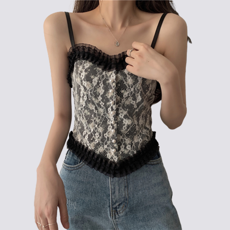 XiaoZhaiNv Tank Top Wanita Korean Style Renda Bordir Crop Top Sexy 0775