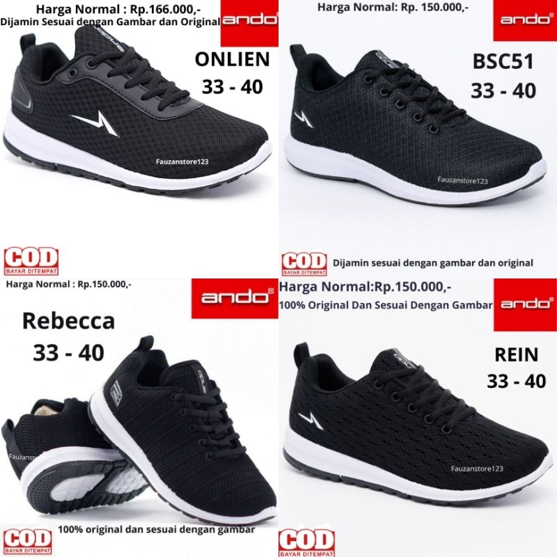 SEPATU SEKOLAH ANAK LAKI LAKI PEREMPUAN ANDO ONLIEN BSC32 BSC51 REBECCA NITTA REIN HITAM PUTIH SD SMP SMA ORIGINAL