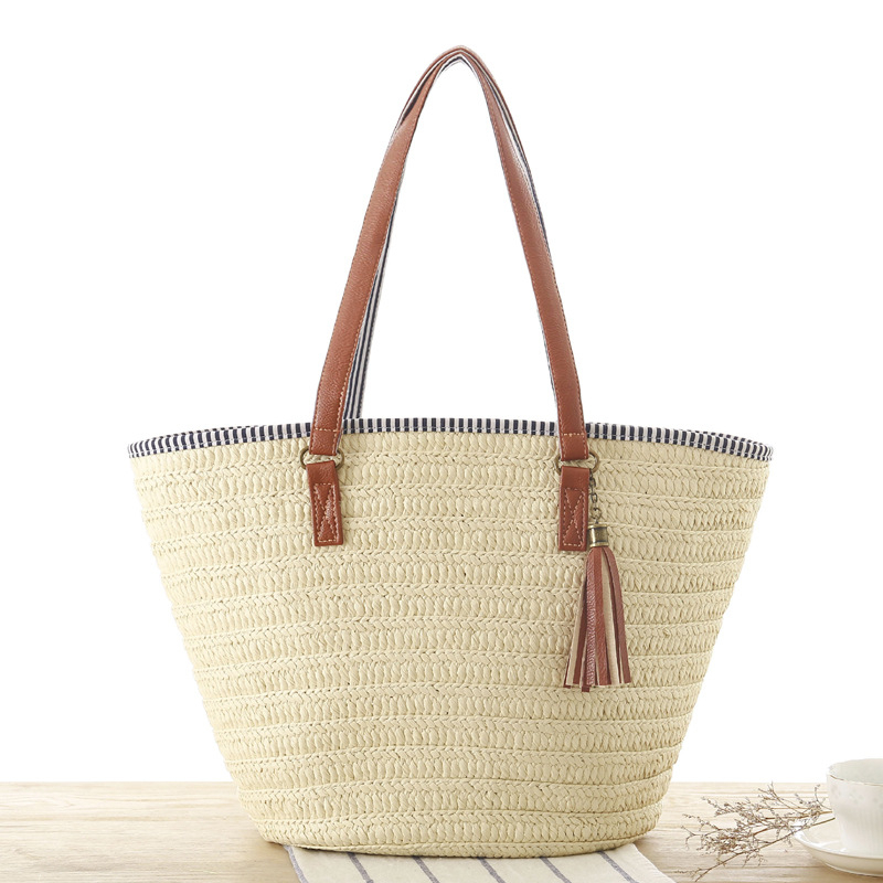 Contrast Binding Tassel Decor Straw Bag 10202