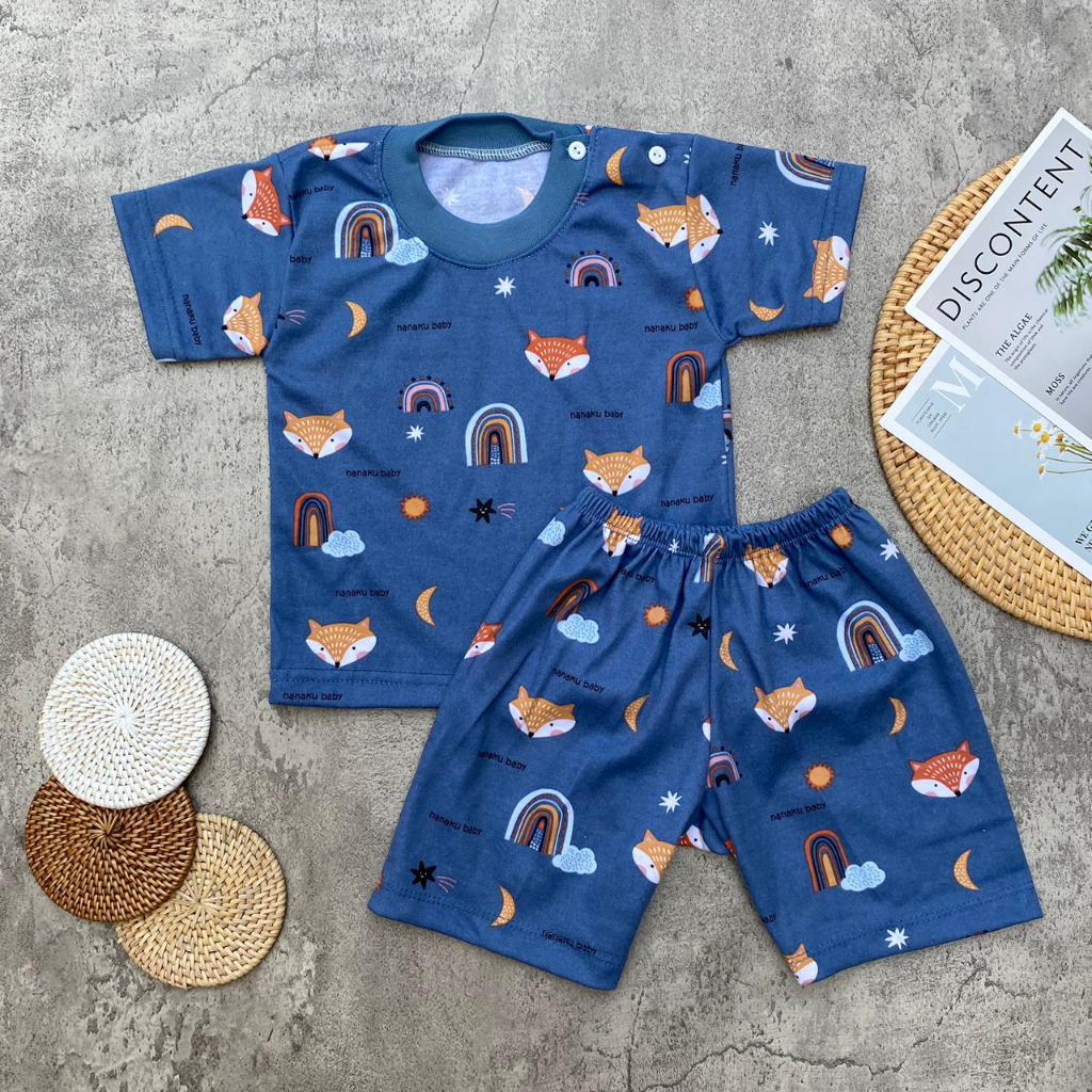 Setelan Baju Bayi Piyama Lengan Pendek Kancing Pundak Motif Printing Pelangi Usia 3-12 Bulan Almeera Baby and Kids