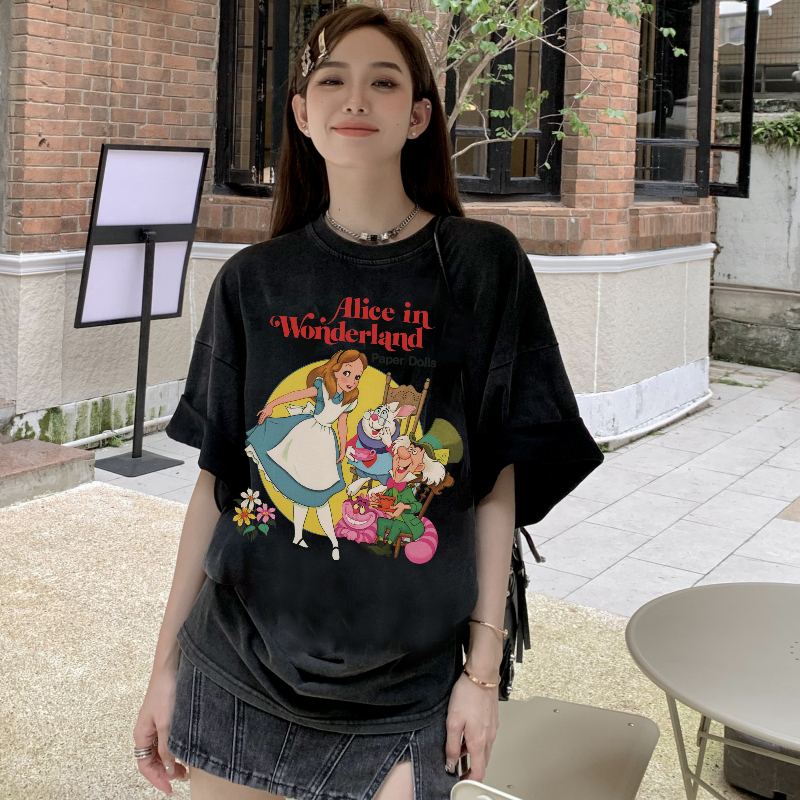 Print Washed T-shirt Kaos Lengan Pendek Oversize Cartoon Alice Korean Style Atasan Wanita