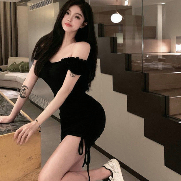 Cohan DR826 ONE LINE NECK BUBBLE SLEEVED DRESS FOR WOMEN'S SUMMER  DRAWSTRING DESIGN SENSE, NICHE SPICY GIRL TEMPERAMENT PINK DRESS