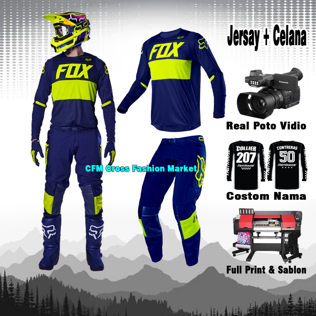 Jersey motor cross trail Biru Blue Stabilo set motocross size pria dewasa cros adventure  touring ri