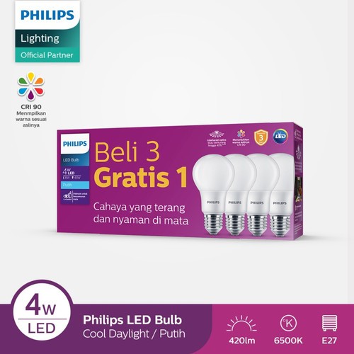 Phillips Paket Lampu Bohlam LED 4 W / 4W / 4 Watt multipack Beli 3 gratis 1 PROMO