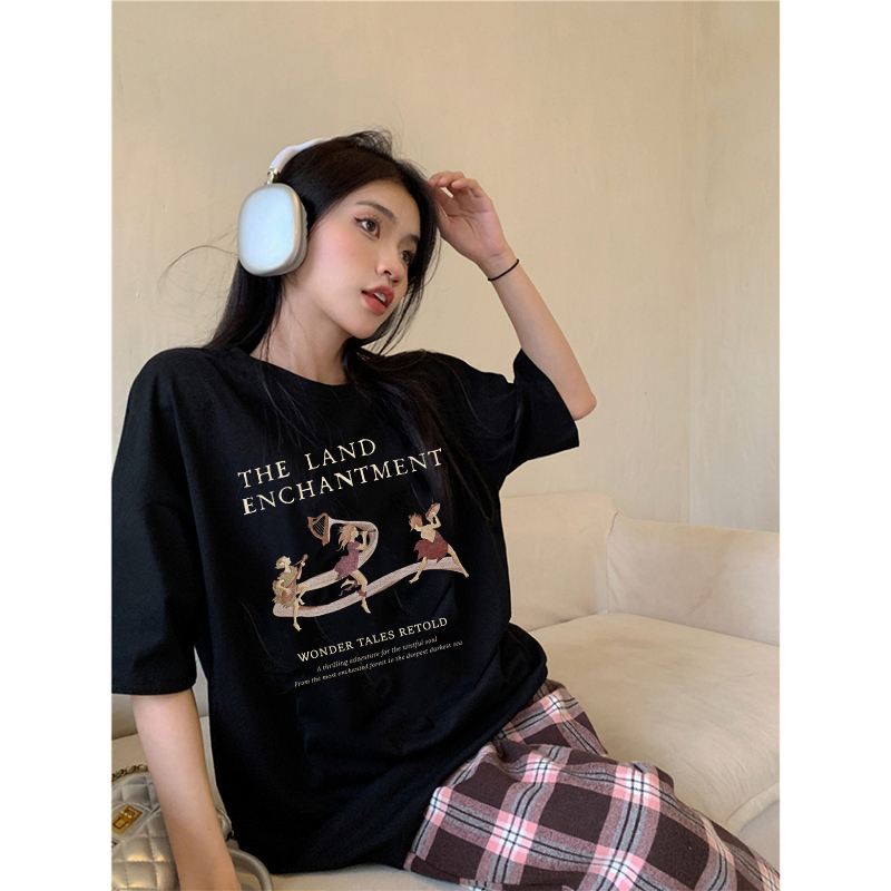 [100%  Katun]Vintage Kaos Lengan Pendek Cream Atasan Wanita Oversize Printed T-shirt Kekinian Korean Style