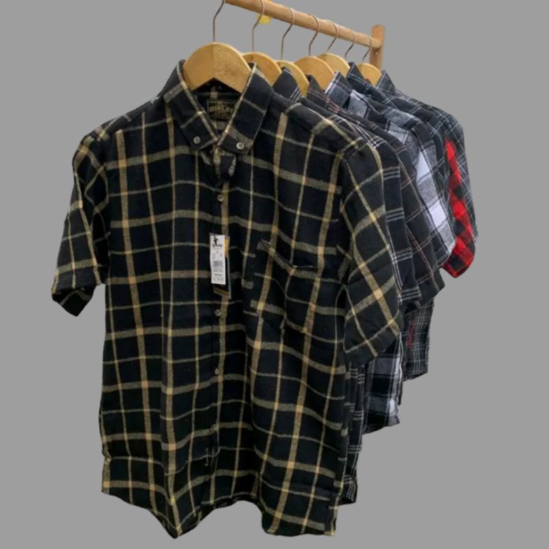 COD Kemeja Flanel Kotak Catur Abu Pria Lengan Pendek Kemeja Flannel Cowok Lengan pendek