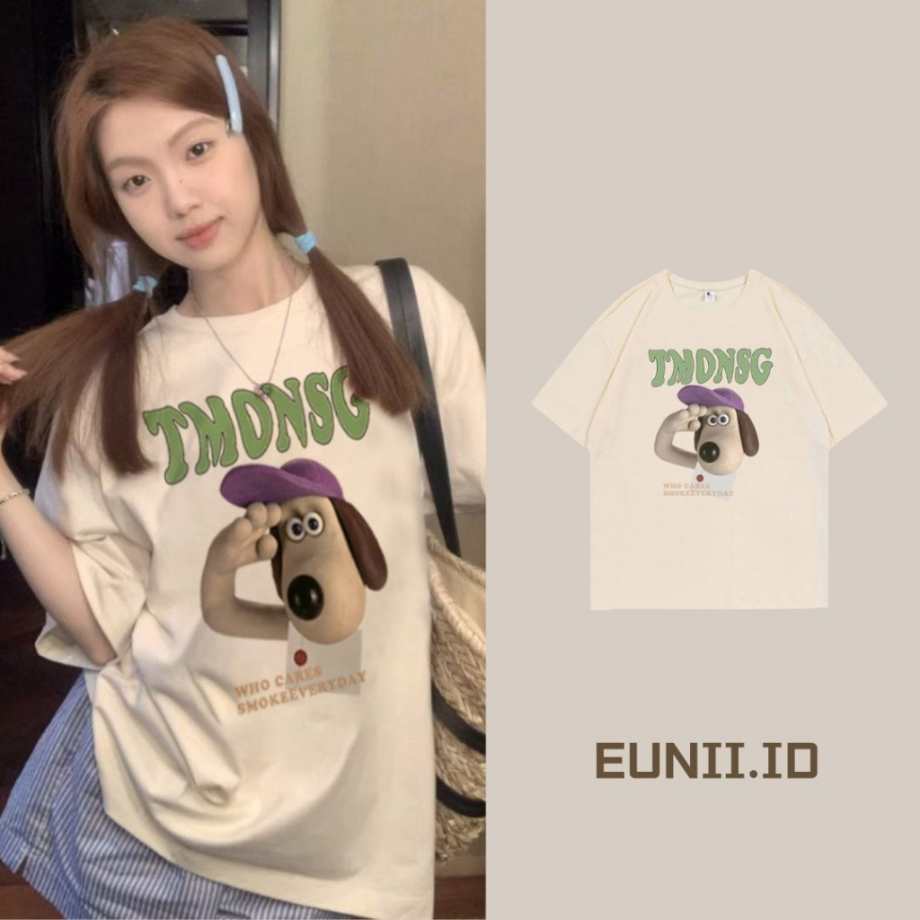 EUNII T-shirt Lengan Pendek Cartoon Salute Harpy Dog Printing Korean Style/Kaos Atasan Wanita/Baju Wanita/Kaos Wanita