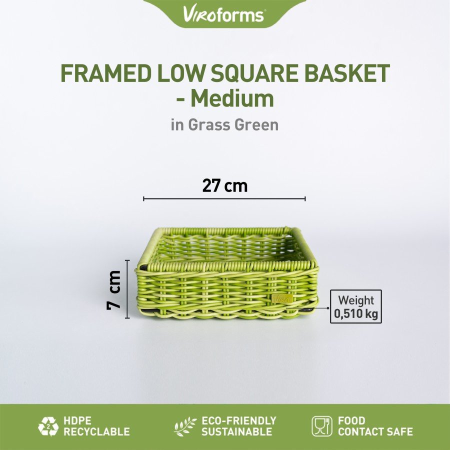 Box Keranjang Penyimpanan | Viro Framed Low Square Basket in Grass Green - Medium | Keranjang Anyaman Estetik Rotan Sintetis Premium, Kotak Organizer Multi Fungsi