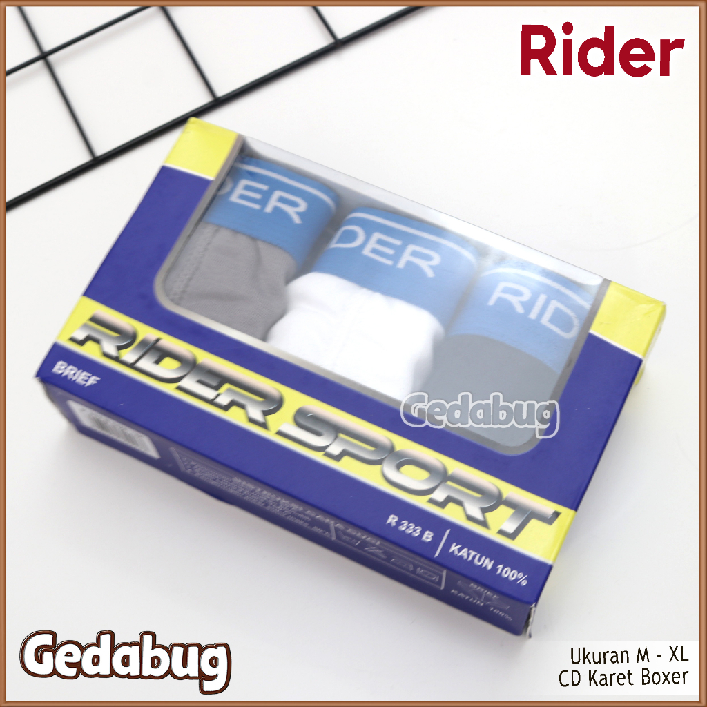 3 Pcs - CD Pria dewasa Rider R 333 | Celana dalam karet Boxer Katun 100% | Gedabug