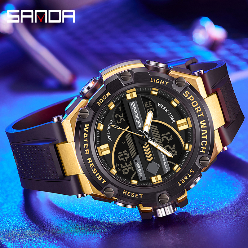 SANDA 3185 Jam Tangan Pria Digital Analog Sport EL Backlight Tali Rubber Anti Air WATCHKITE WKOS