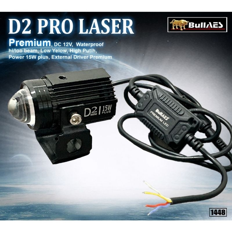 LAMPU TEMBAK LASER D2 PRO PLUS HI LOW 15 WATT LASER OUTPUT MERK BULLAES ORIGINAL UNTUK MOTOR MOBIL