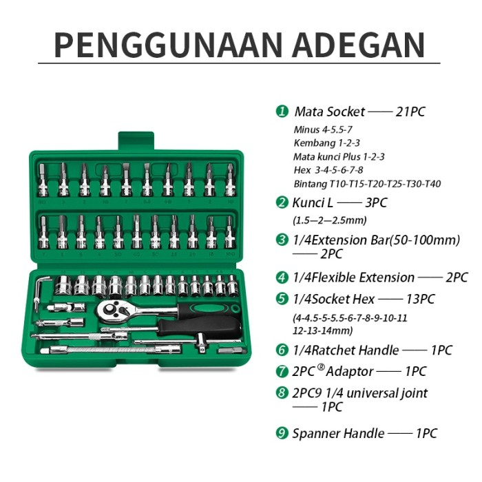 Socket Wrench Pas Socket Set 1/4 Car Repair Tool 46 pcs Lengkap Socket Tool Kit Pas Ring L Motor Mobil