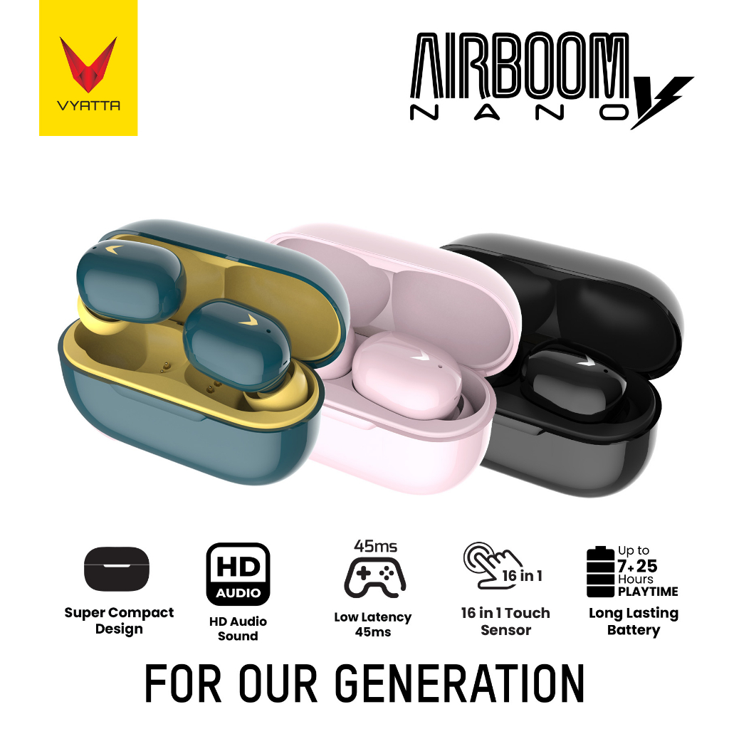 VYATTA AIRBOOM NANO V TWS BLUETOOTH HEADSET EARPHONE HD SOUND GAMING MODE