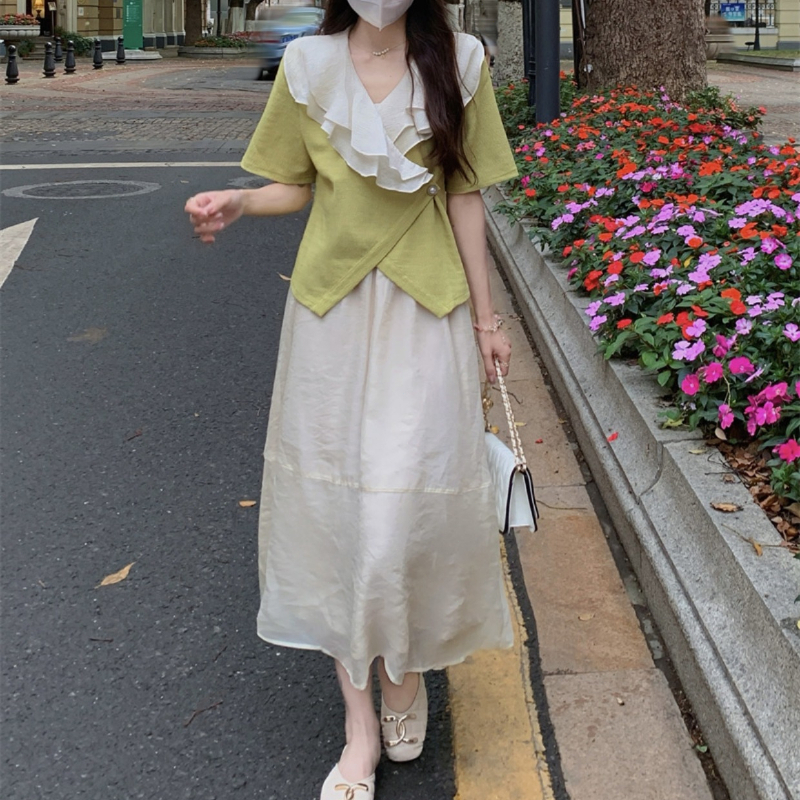 yikoo-Korea set temperamen blouse + maxi rok sarees fashion wanita