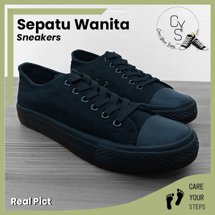 CYS Sepatu Sneakers Wanita Sepatu Kasual Kanvas Hitam Polos Sepatu Sekolah Cewek SPT 06