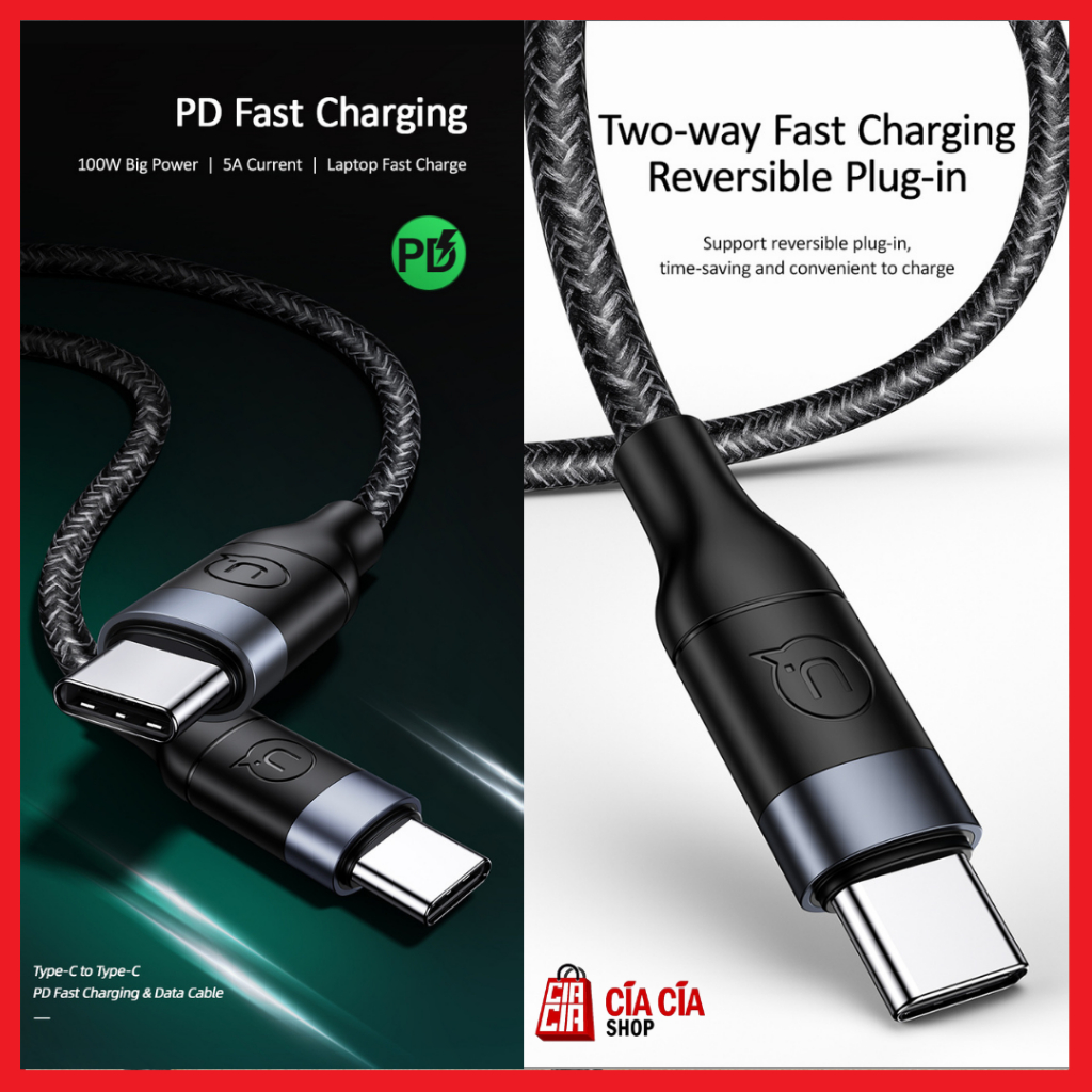 USAMS U31 Kabel Data Charger Type C to Type C 5A 100W PD Fast Charging Kabel Charger Laptop Tablet Type C