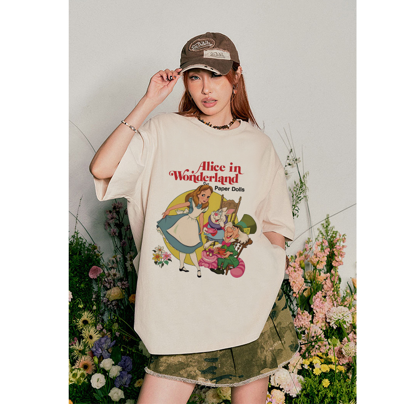 Baju Kaos Korea Wanita Lengan Pendek Cartoon Alice Motif Graffiti Printed T-shirt Kaos Oversize Wanita Import