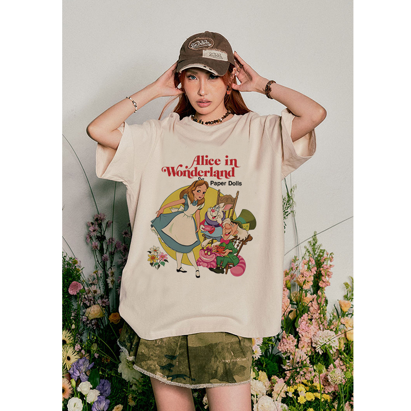 Baju Kaos Korea Wanita Lengan Pendek Cartoon Alice Motif Graffiti Printed T-shirt Kaos Oversize Wanita Import